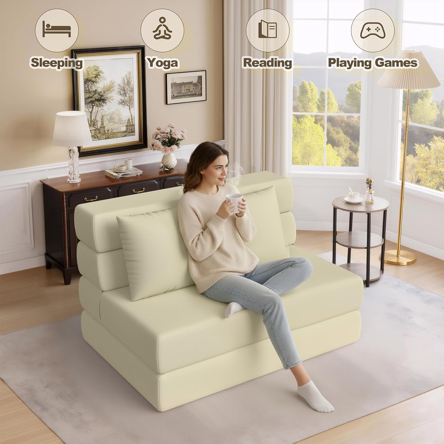 Folding Sofa Bed, Convertible Sleeper Chair & Couch Bed with Pillow, One-Piece High-Density Sponge Mattress, Multi-Purpose Floor Sofa for Living Room, Office, Dorm, Apartment, Beige, Single