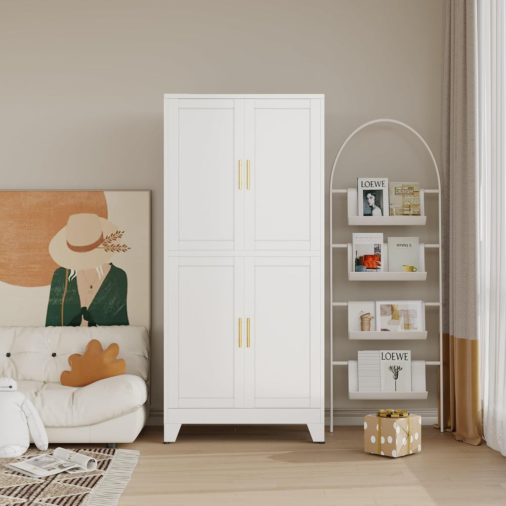 47“H White Metal Bathroom Storage Cabinet, Kitchen Pantry Cabinet with Doors and 3 Adjustable Shelves, Bathroom cabinets Organizer, for Home Office, Bedroom