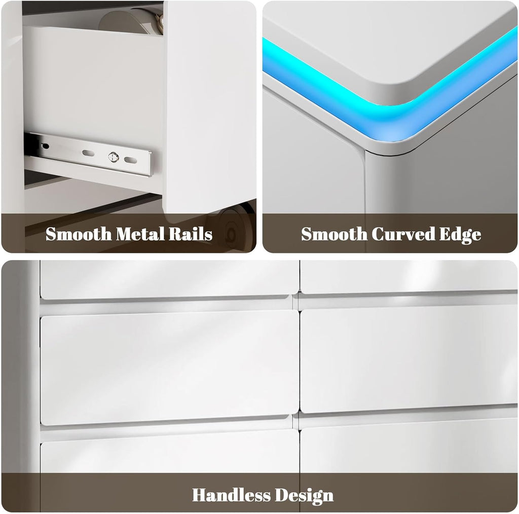 9 Drawer Dresser for Bedroom, 63" Long White Chest of Drawers with Charging Station & LED Lights, Curved Profile Design,Wooden Closet Storage Cabinet,Modern Dresser TV Stand with Deep Drawers