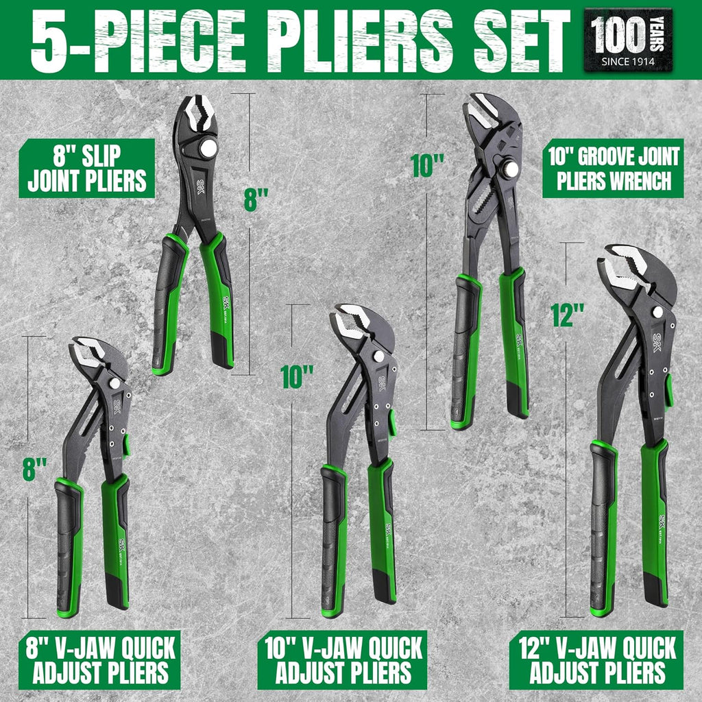 SK 5-Piece Pliers Set, 8" Adjustable Joint, 8", 10" and 12" Quick Adjust V-Jaw Groove Joint, 10" Pliers Wrench, Premium CR-V Construction, with EVA Foam Tool Organizer