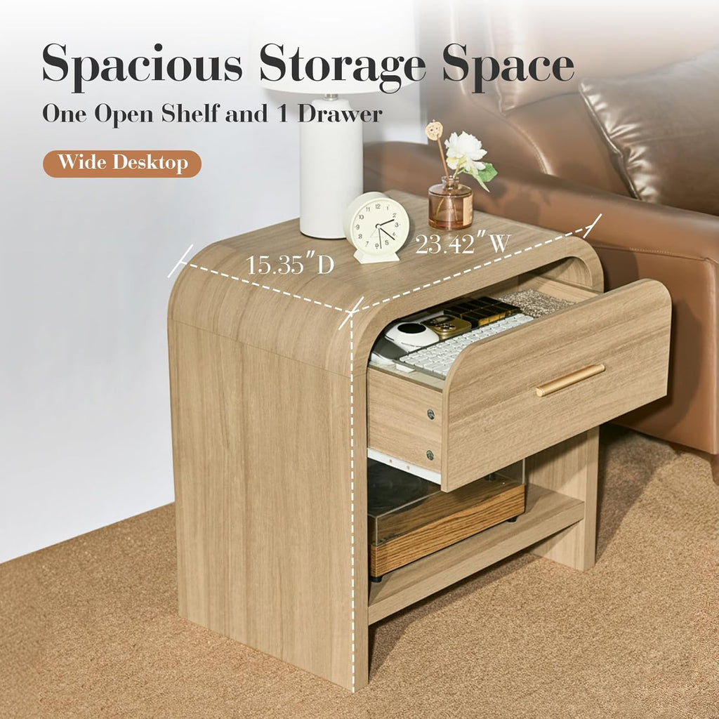 Night Stand Set of 2 Unique Curved Profile FSC-Certified Wooden Board 1-Drawer and 1 Storage Shelf Nightstand 24" H Metal Handle Modern Bedside Table Side Table End Table for Bedroom