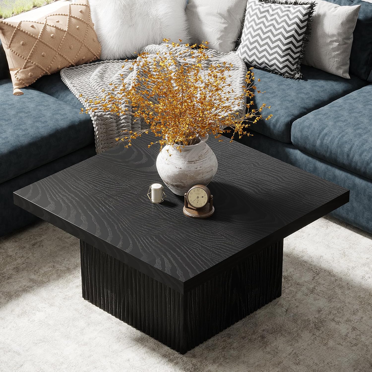 Tribesigns Square Coffee Table, 31.5-Inch Fluted Coffee Table, Mid-Century Modern Living Room Table, Large Cocktail Table for Living Room, Easy Assembly, Black