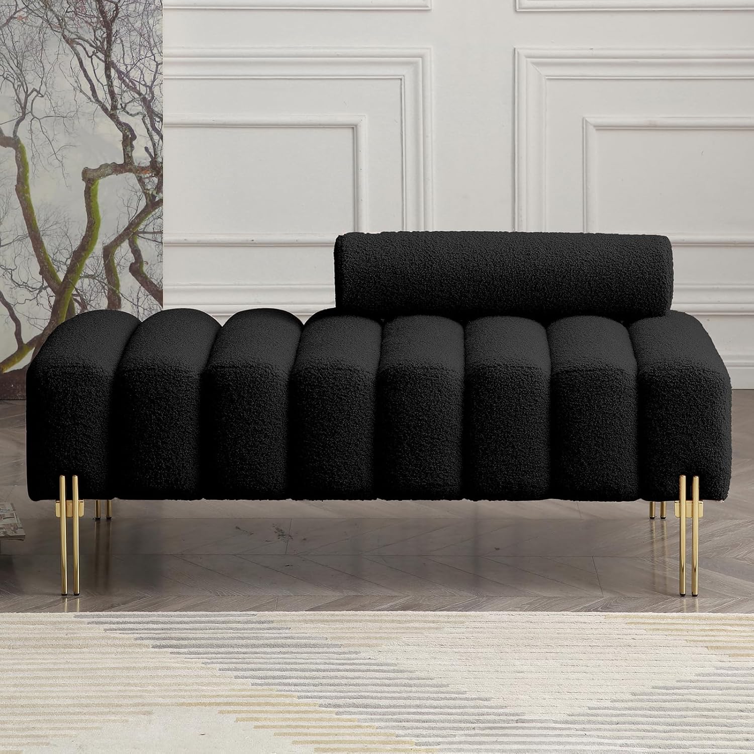 NIOIIKIT 53.2" Modern Loveseat Sofa Couch, Upholstered Accent Sofa with Golden Legs and Adjustable Backrest, Small Teddy Fleece Couches for Bedroom, Living Room, Compact Small Space (Black Teddy)