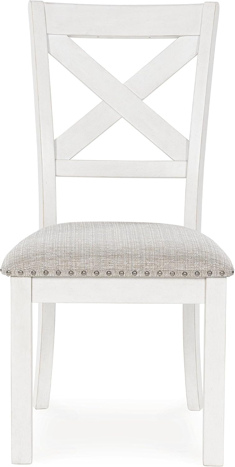 Signature Design by Ashley Robbinsdale Classic Upholstered Dining Chair with Cushion and Nailhead Trim, Set of 2, White & Light Gray