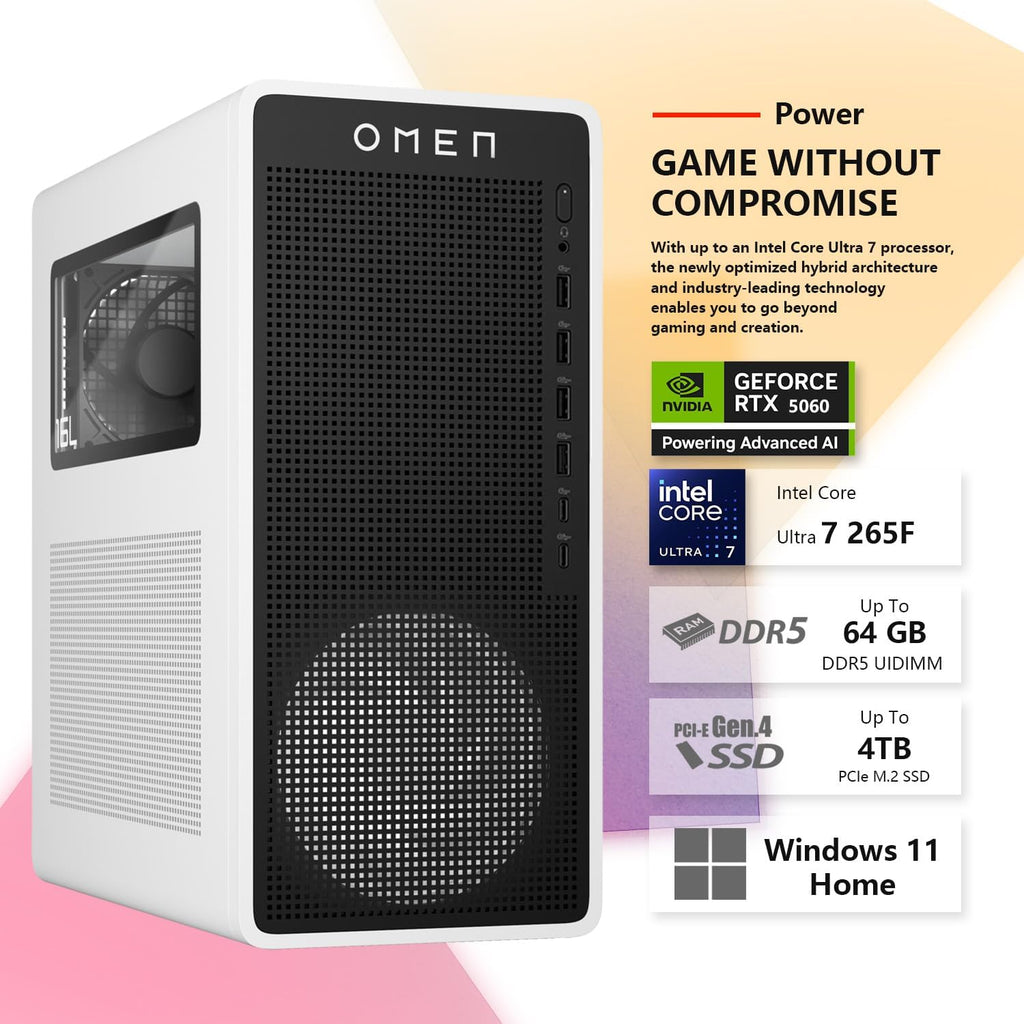HP Omen 16L TG03 RTX 5060 Gaming Desktop  Intel Ultra 7 265F (Beats Intel i7-14700F)  16GB DDR5 RAM  1TB SSD  OMEN Gaming HUB  Bundle with Thunderobot KG3089R Gaming KB  Black