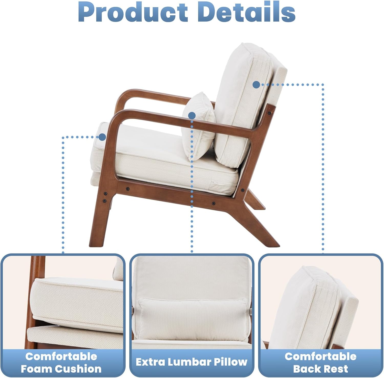 DUMOS Mid Century Modern Chair Set of 2, Accent Chair with Arms and Waist Cushion, Reading Chairs for Adults, Lounge Chair for Living Room and Bedroom, Solid Wooden Frame, Beige