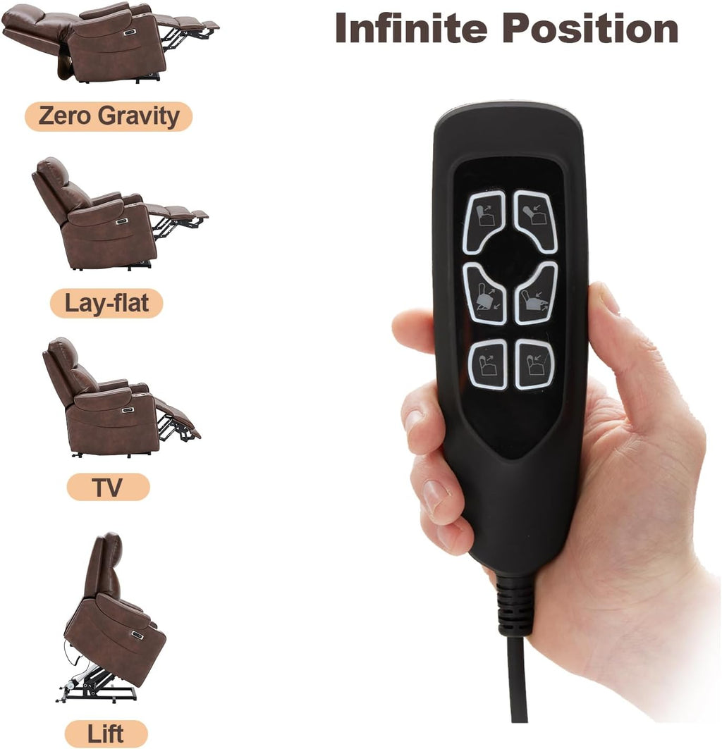 Triple Motor Power Lift Recliner Chair with Adjustable Lumbar Support, Lay Flat Recliner for Elderly, Breathable Brown Leather Recliner, Lift Chair Massage & Heating, USB Ports, Cup Holders