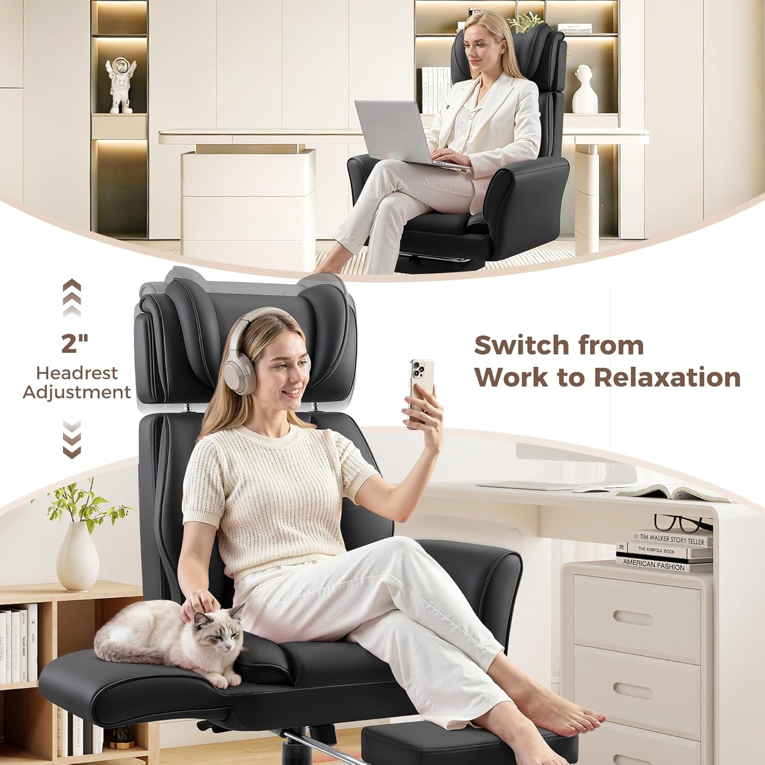 Big and Tall Office Chair, Flip Armrests for Pets & Cross Legged Sitting, Ergonomic Leather Executive Desk Chair with Foot Rest, High-Back Reclining Computer Chairs for Office Home Game - Black