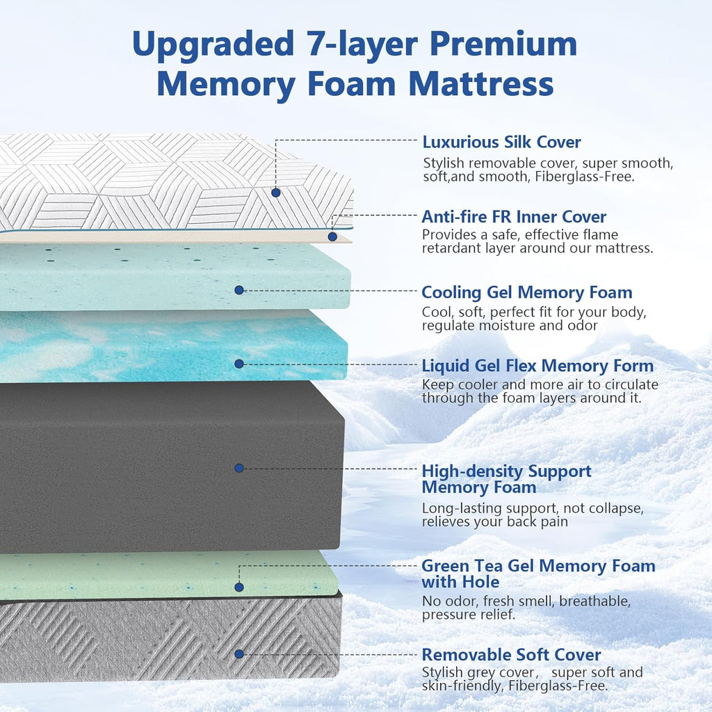 Extra Firm Mattress King 12 Inch, Green Tea/Gel Memory Foam Mattress with Fiberglass-Free Cover,Two Side White Medium Firm/Extra Firm High-Density-Mattress for Back Pain,CertiPUR-US,in USA, 80"x 76"