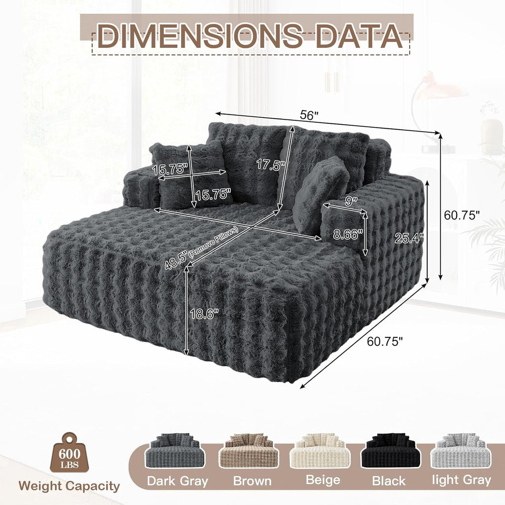 56" W Oversized Chaise Lounge Chair Indoor,Plush Faux Fur Sleeper Couch Sofa Bed with Pillows,Fluffy Comfy Cloud Sofa,Compression Foam Boneless Couch for Living Room,Bedroom(Bubble, Grey)