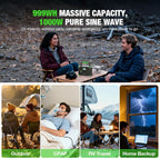 Portable Power Station 1000W (Peak 2000W)  999Wh Solar Generator  110V Pure Sine Wave AC Outlet with PD 60W USB-C Fast Charging  Outdoor Camping RV Van Home Backup Off-Grid Living