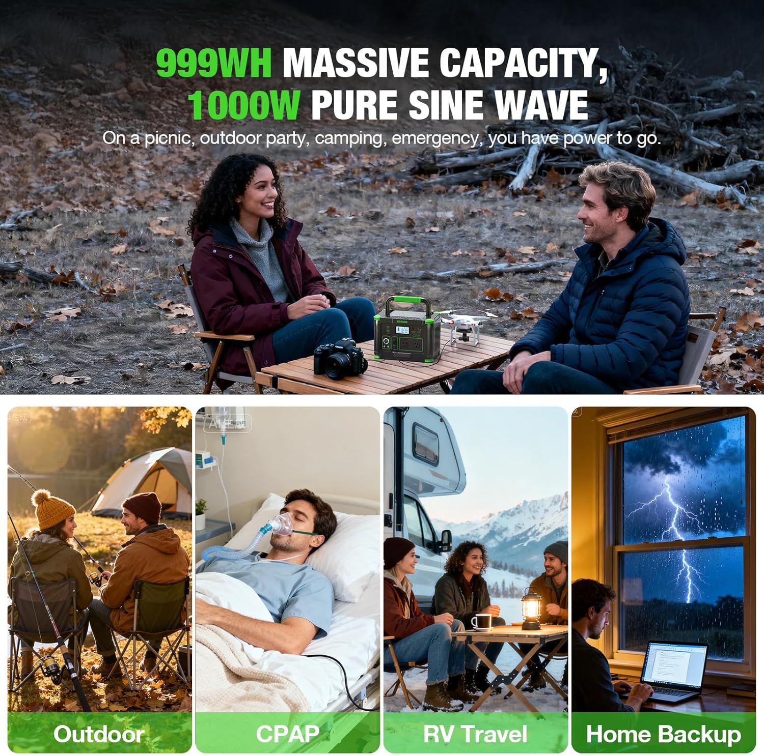 Portable Power Station 1000W (Peak 2000W)  999Wh Solar Generator  110V Pure Sine Wave AC Outlet with PD 60W USB-C Fast Charging  Outdoor Camping RV Van Home Backup Off-Grid Living