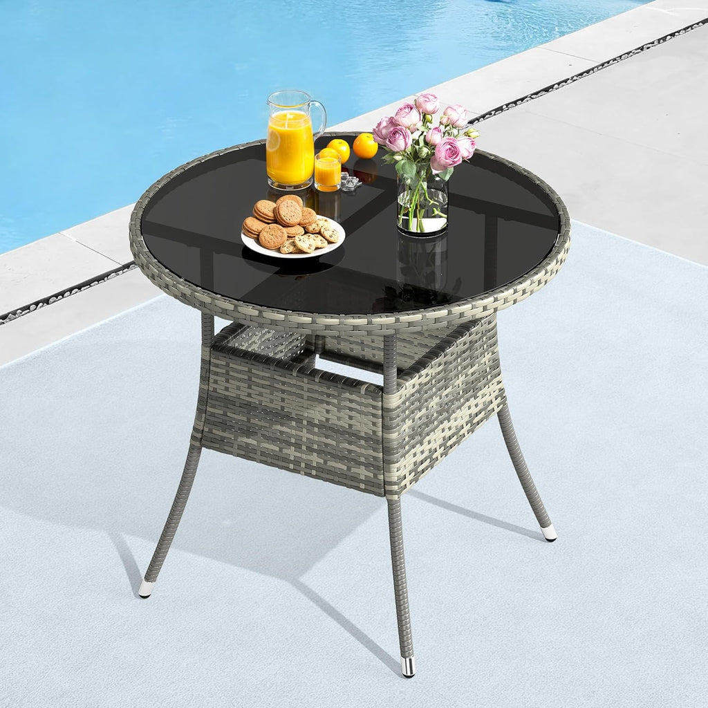 YITAHOME Outdoor Dining Table Round for 4 31.5" Patio Dining Table with Easy-to-Clean Glass Tabletop, All-Weather Rattan Bistro Table Round for Backyard Deck Porch Poolside, Gray