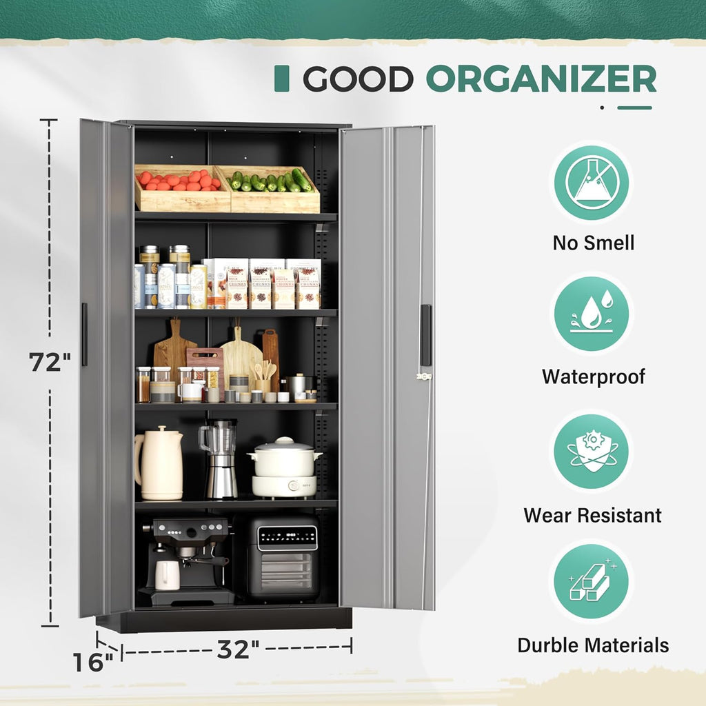 Greenvelly Metal Garage Storage Cabinet with Lock, 72”Metal Storage Cabinet with 2 Doors and 4 Adjustable Shelves, Steel Tool Cabinet for Garage,Home Office, School,Gym (Black Grey)