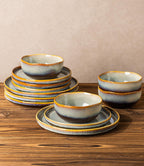 TheTerra Ceramic Dinnerware Sets for 4, 12 Pieces Handmade Reactive Glaze Plates and Bowls Sets, Scratch Resistant Dish Set, Oven & Microwave & Dishwasher Safe, Brown Blue