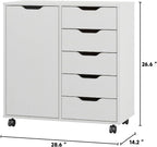 Panana 5-Drawer Chest with 1 Door, Wooden Chest of Drawers Storage Dresser Cabinet with Wheels, Office Organization and Storage, Bedroom Furniture (White-S)