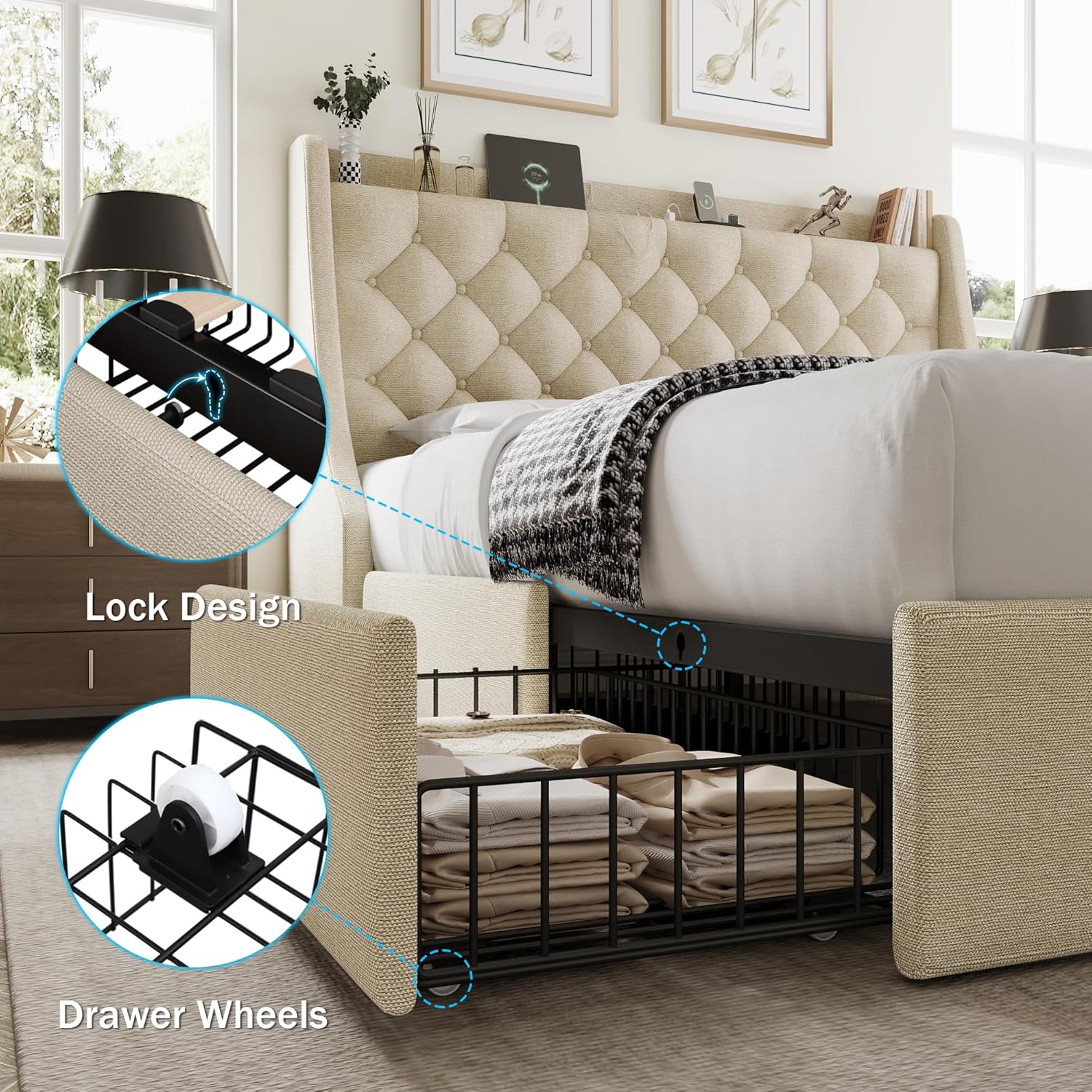 Queen Bed Frame with 4 Storage Drawers, Huge Upholstered Wingback Headboard, Fast Charging Station, No Box Spring Needed, Noise-Free, Beige
