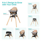 High Chair, 6 in 1 Wooden Convertible High Chairs for Babies and Toddlers, Booster Seat with Double Tray & Reversible Footrest Baby Highchair, 5-Point Harness Baby Feeding Chair, Black