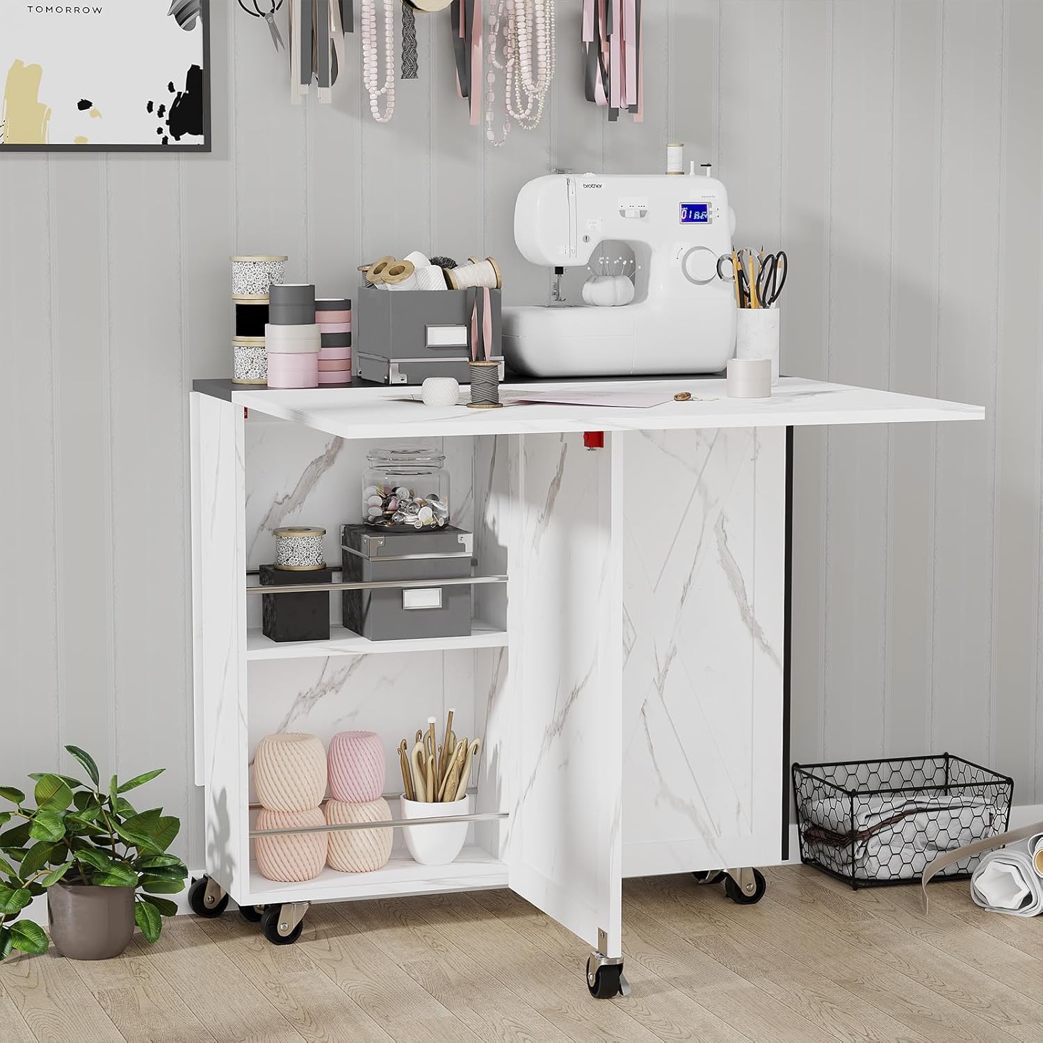 Space Saving Folding Dining Table with Drawer,3-Tier Wine Cooler Storage and 2-Layer Metal Storage Rack-Extendable Drop Leaf Farmhouse Wood Kitchen Dining Room Tables Set for 4 (White)