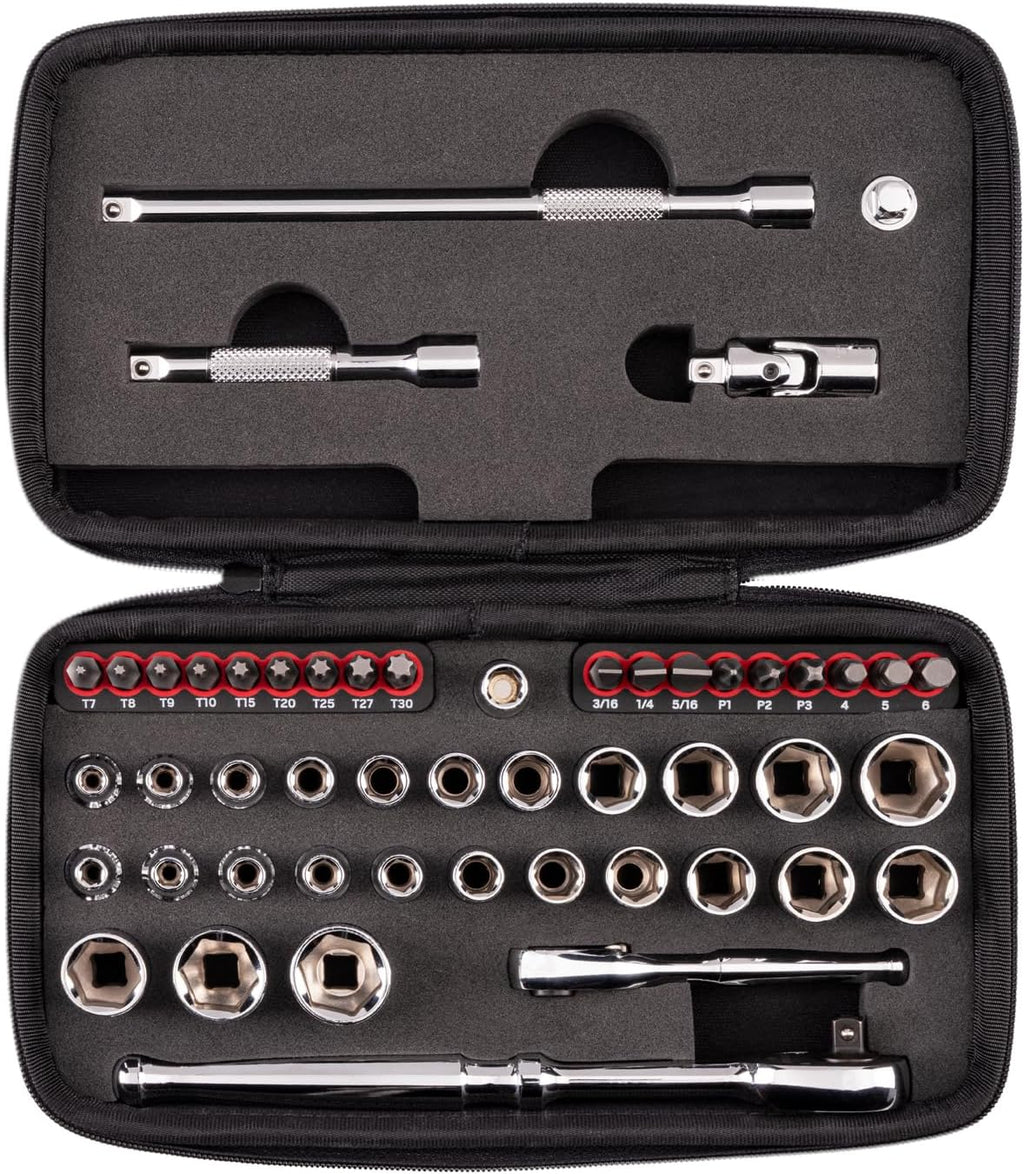 TEKTON 1/4 Inch Drive 6-Point Small Engine Shallow Socket, Bit, and Quick-Release Ratchet Set with Case (50-Piece) | SKT07902