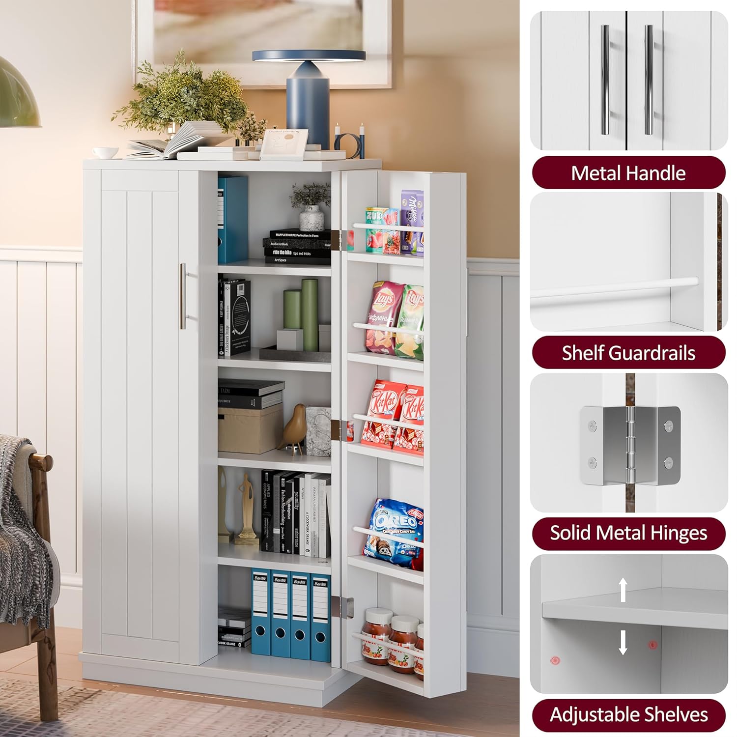 SUNLEI 47" Kitchen Pantry Storage Cabinet, Modern Freestanding Pantry Storage Cabinet with Adjustable Shelves, Buffet Cupboards Storage for Kitchen, Dining Room, White