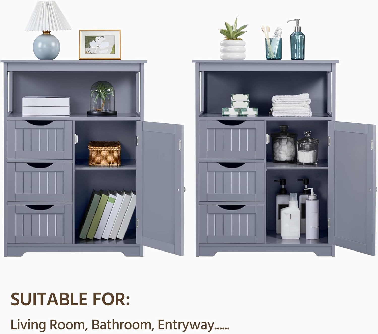 Yaheetech Bathroom Storage Cabinet Bathroom Floor Cabinet Freestanding Storage and Organizer with Door, 3 Drawers, Adjustable Shelf, 35.5 Inches Height, Gray