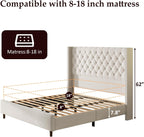 King Size Bed Frame, Upholstered Platform Bed with 62" Tall Wingback Headboard, Velvet Modern Luxury Design, No Box Spring Needed, Easy Assembly, Noise Free, Beige