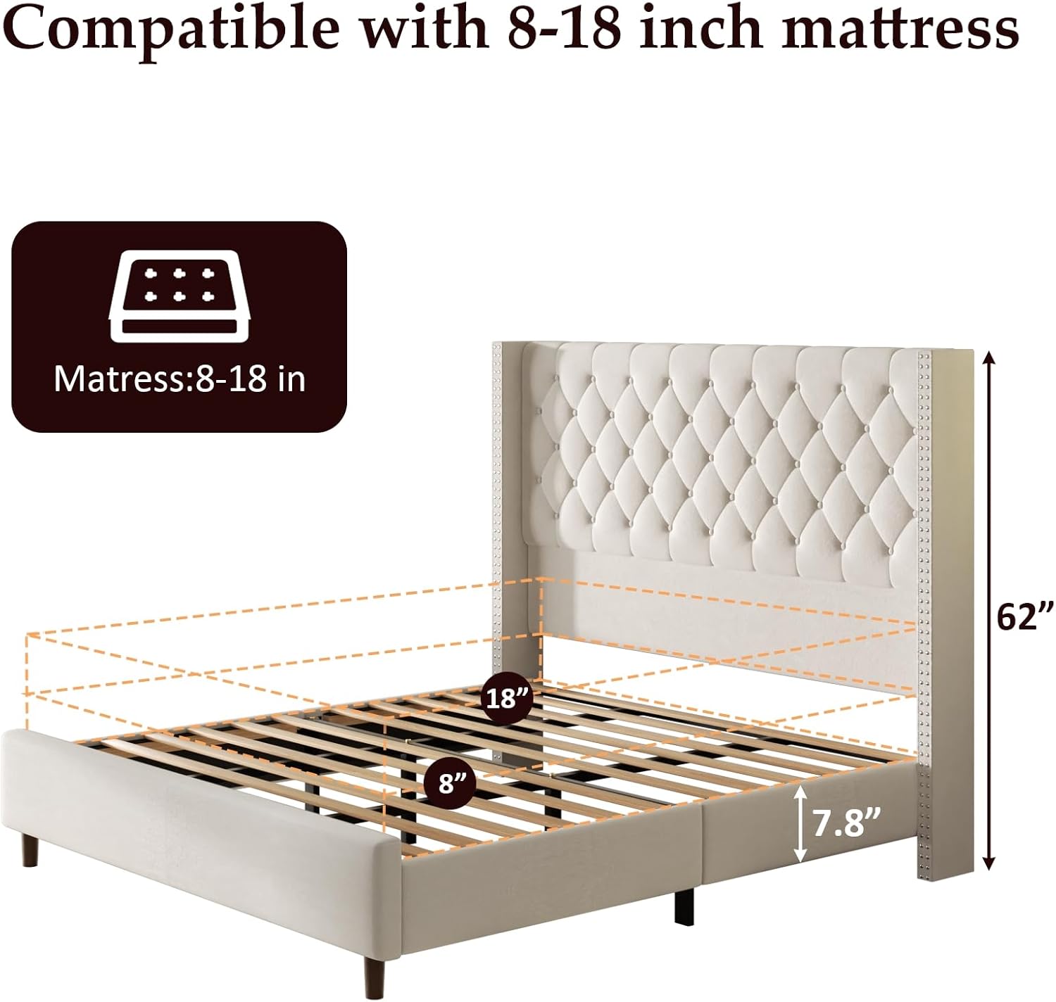 King Size Bed Frame, Upholstered Platform Bed with 62" Tall Wingback Headboard, Velvet Modern Luxury Design, No Box Spring Needed, Easy Assembly, Noise Free, Beige