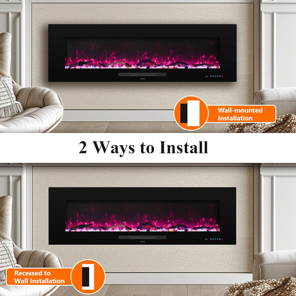 72" Electric Fireplace, Recessed & Wall Mounted Fireplace Heater 13 * 13 Colors Flame &Fuel Bed w/5 Dimmer, Touchscreen &Remote Control Temp, Overheating Protect, Hardwired, 1500W, Black