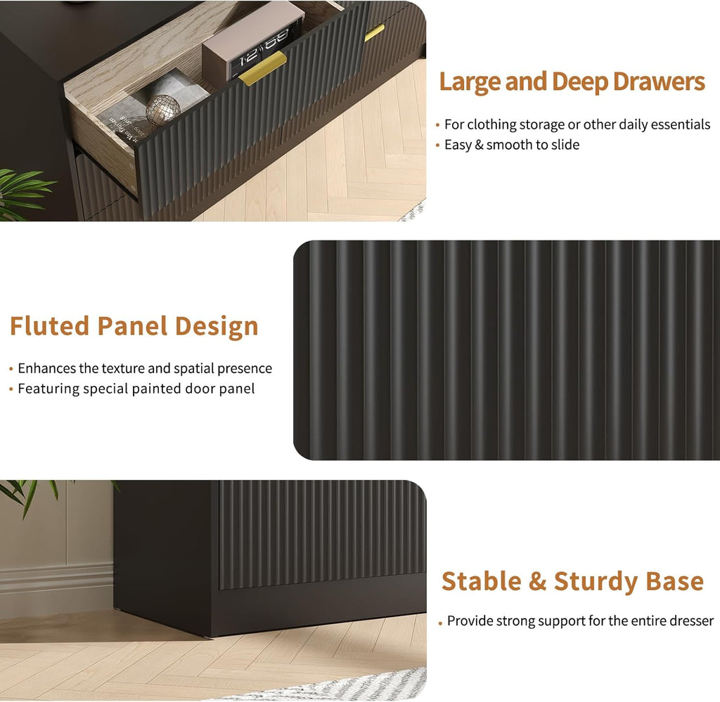 Black Dresser with 6 Deep Drawers, 55” Wide Fluted Dresser for Bedroom with Gold Handle, Modern Chest of Drawer for Closet, Bedroom, Living Room, Black