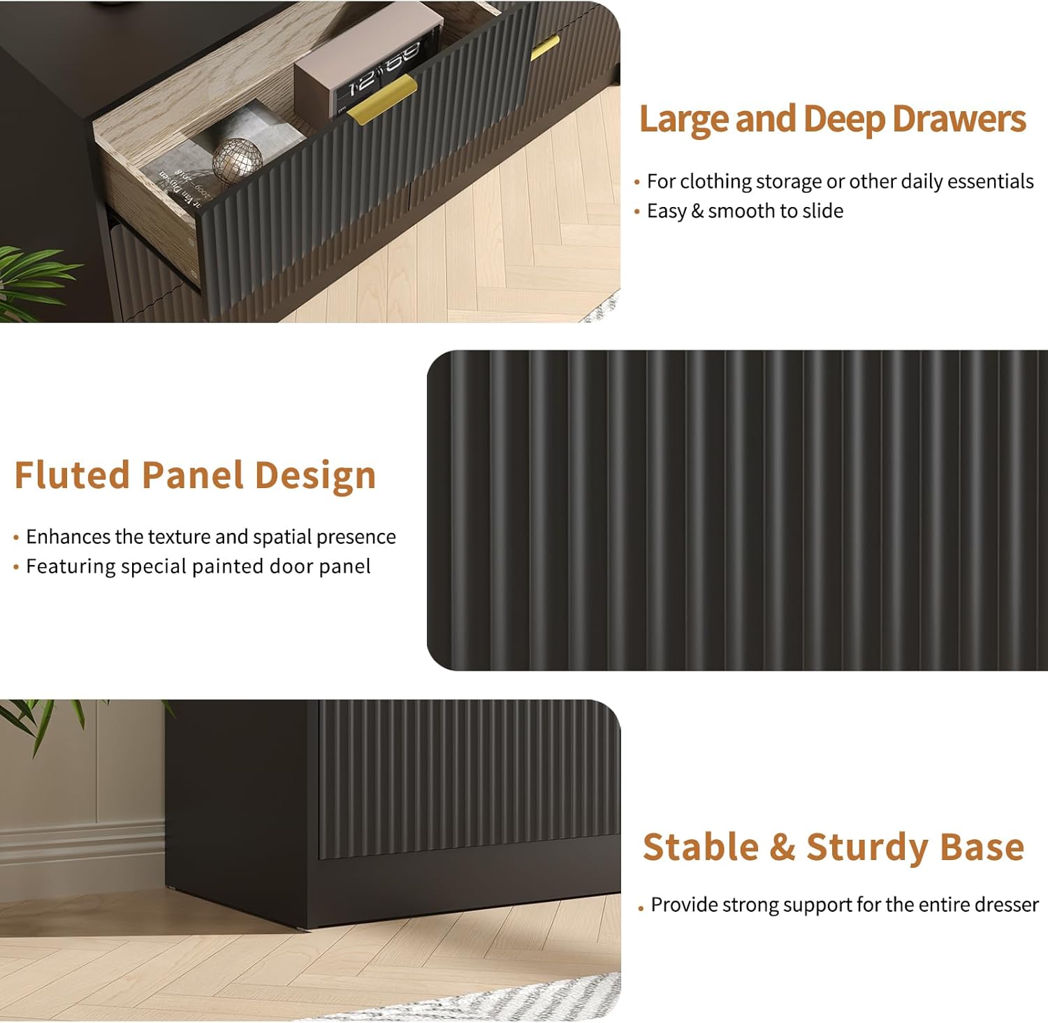 Black Dresser with 6 Deep Drawers, 55” Wide Fluted Dresser for Bedroom with Gold Handle, Modern Chest of Drawer for Closet, Bedroom, Living Room, Black