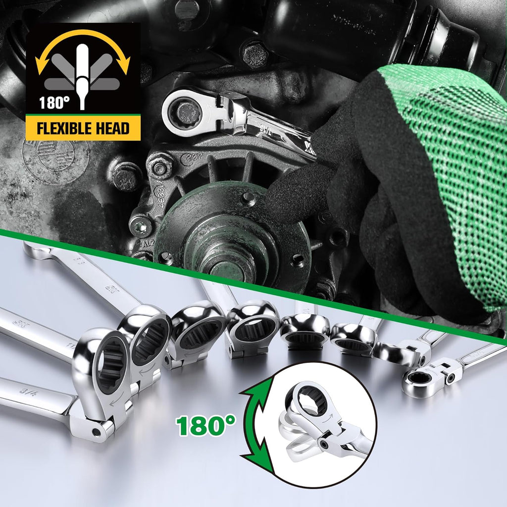 SK Flex-Head Ratcheting Wrench Set, Combination Wrench Set, 8-Piece, SAE 5/16" to 3/4", 72-Tooth, Premium CR-V Construction, with Rack Organizer