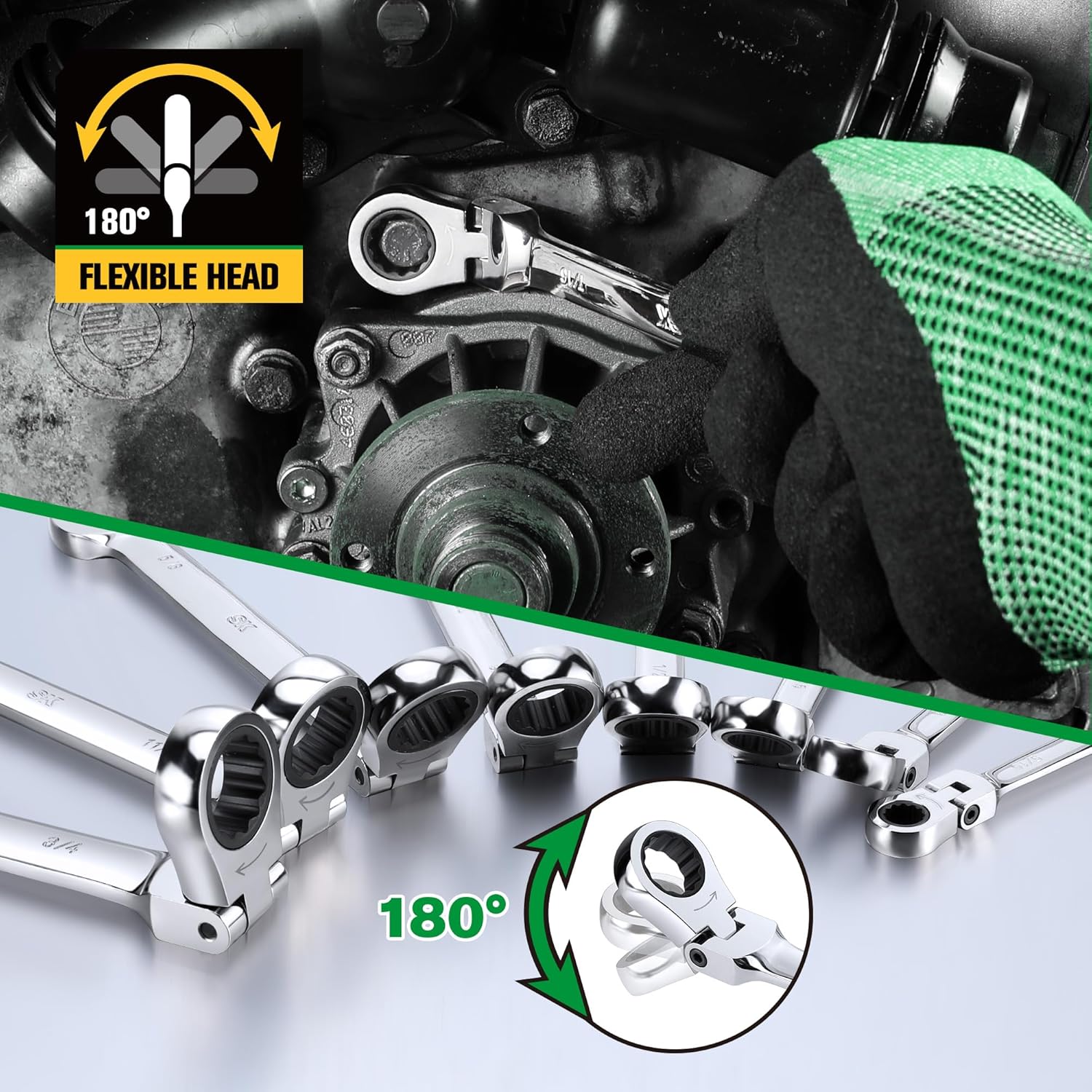 SK Flex-Head Ratcheting Wrench Set, Combination Wrench Set, 8-Piece, SAE 5/16" to 3/4", 72-Tooth, Premium CR-V Construction, with Rack Organizer