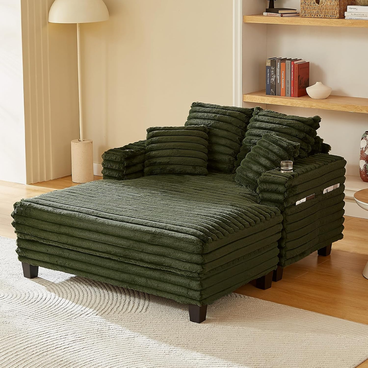 64" Chaise Lounge Chair Indoor, Oversized Sleeper Chair with Wood Frame, Upholstered Sofa Bed for Living Room, Movie Room, Bedroom with 4 Storage Pockets&2 Cup Holders(Plush Corduroy, Green)