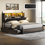 King Bed Frame with 3-Tier Storage Headboard, LED & Charging Station Metal Platform Bed with 4 Storage Drawers, Hidden Areas, Noise-Free/No Box Spring Needed/Metal Support,Rustic Grey
