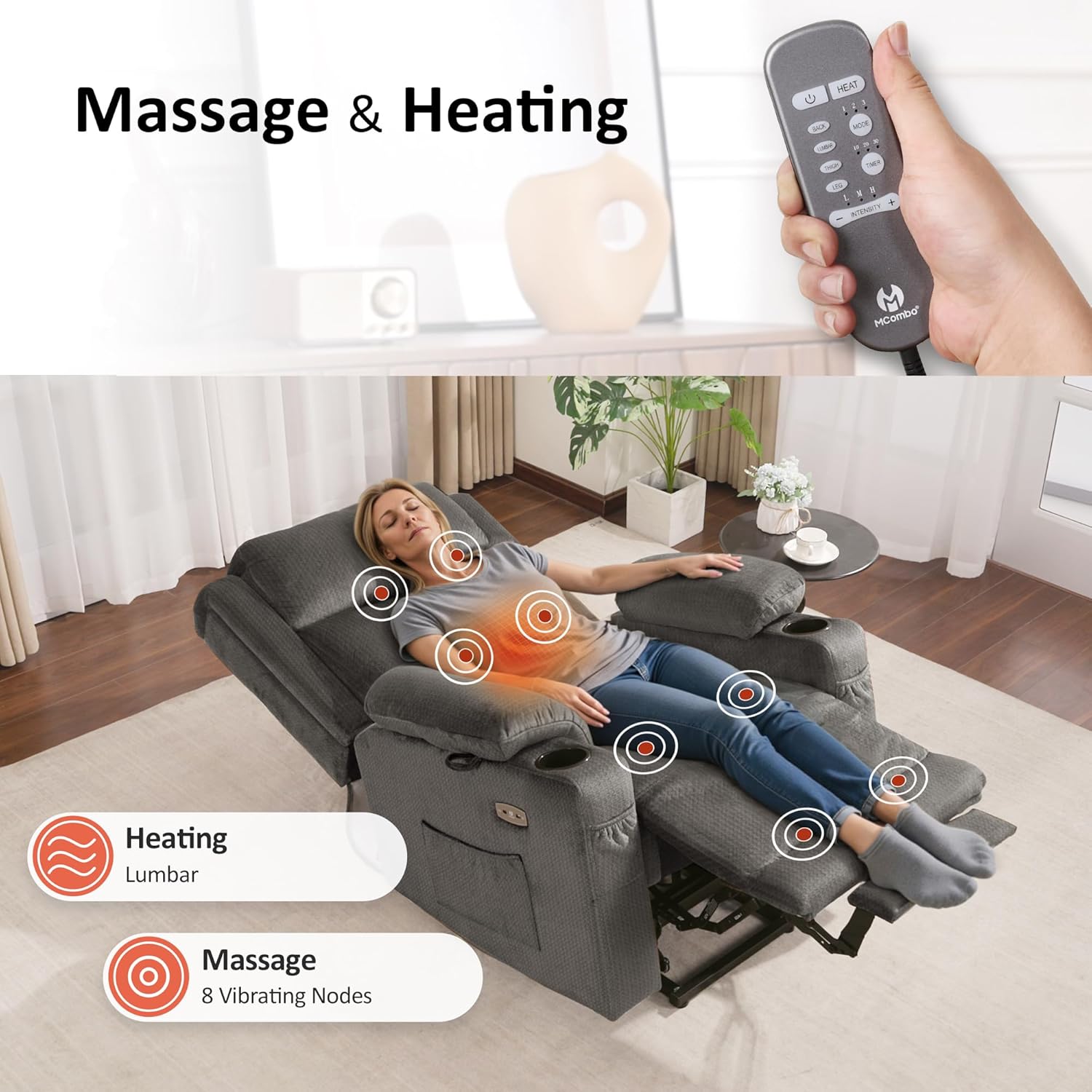 MCombo Large Triple Motor Power Lift Recliner Chair with Massage and Heat for Elderly People, Adjustable Headrest, Infinite Position, USB Ports, Fabric 7662 (Grey, Large)