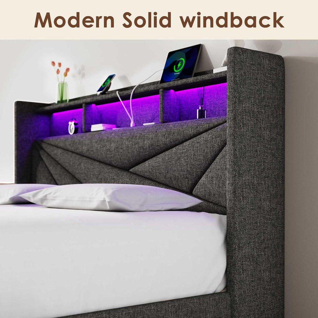 LED Full Size Bed Frame with 2 Storage Drawers, Upholstered Full Bed Frame with Headboard and Charging Station, No Box Spring Needed, Easy to Assembly-Dark Grey
