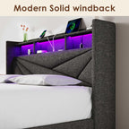 LED Queen Bed Frame with 2 Storage Drawers, Upholstered Bed Frame Queen Size with Headboard and Charging Station, No Box Spring Needed, Easy to Assembly-Dark Grey