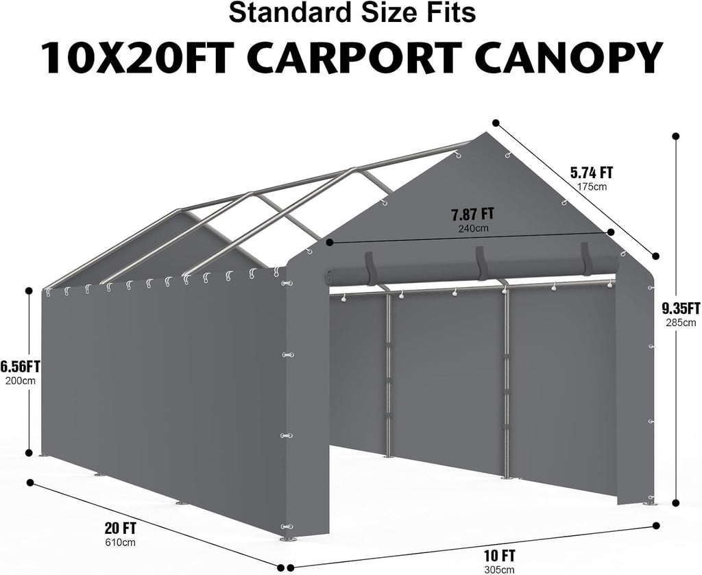 Carport Replacement Canopy Cover Sidewalls for 10x20x9.35FT Frame, Heavy Duty Garage Car Tent Shelter Tarp with Ball Bungees, Waterproof & UV Protected (Frame is not Included) (Grey)