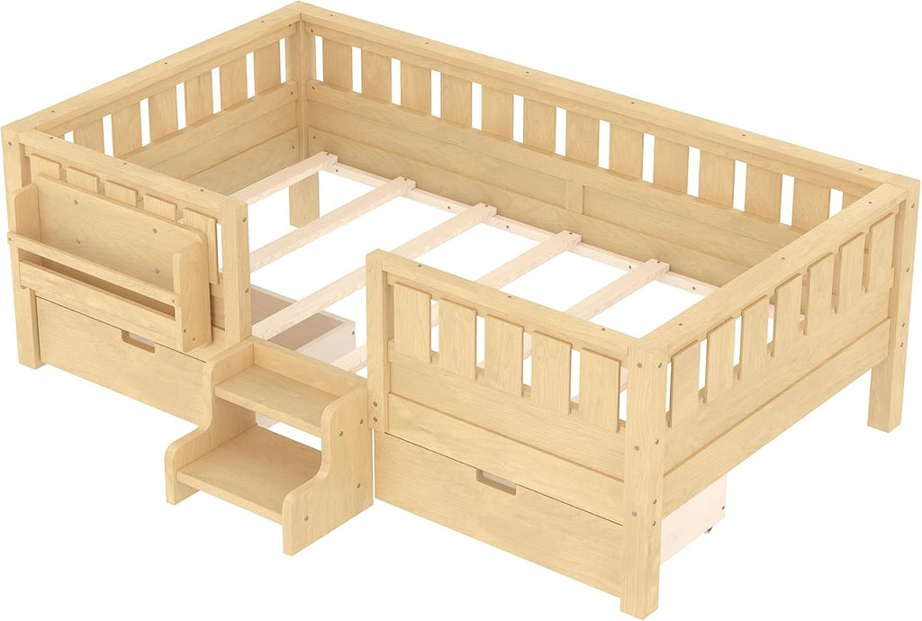 Bellemave Twin Size Bed with Slats and Stairs, Twin Size Platform Bed Frame with Fence, Bookshelf and Storage Drawers, Easy Assemble Beds for Girls, Boys, Light Natural