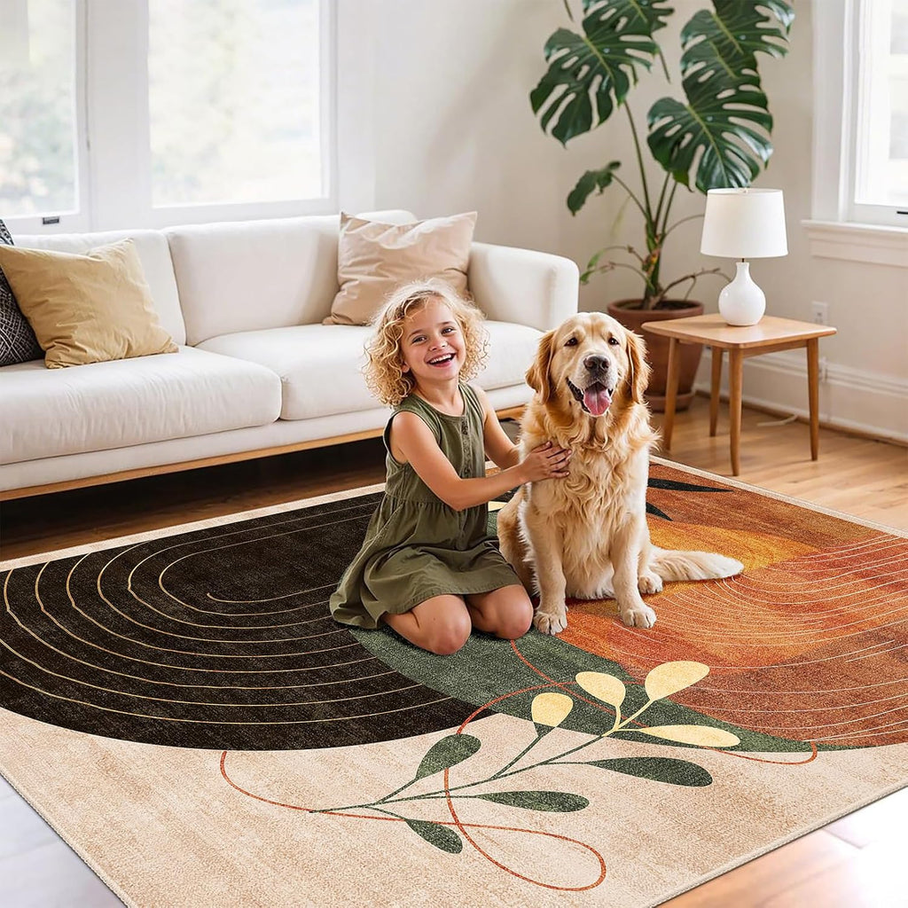 MUJOO Washable 8x10 Area Rugs for Living Room Bedroom Dining Room Large Boho Non Slip Carpet Indoor Mid Century Modern Abstract Botanical Geometric Terracotta