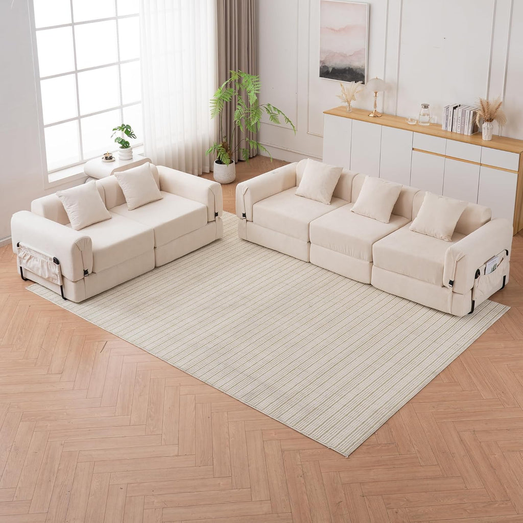 GNIXUU 71.3" Convertible Sleeper Sofa Bed, Modern Convertible Boneless Couch with Foldable/Pull Out Bed, Compressed Modular Futon Couch with Pillows & Storage Pocket for Living Room Bedroom, Beige