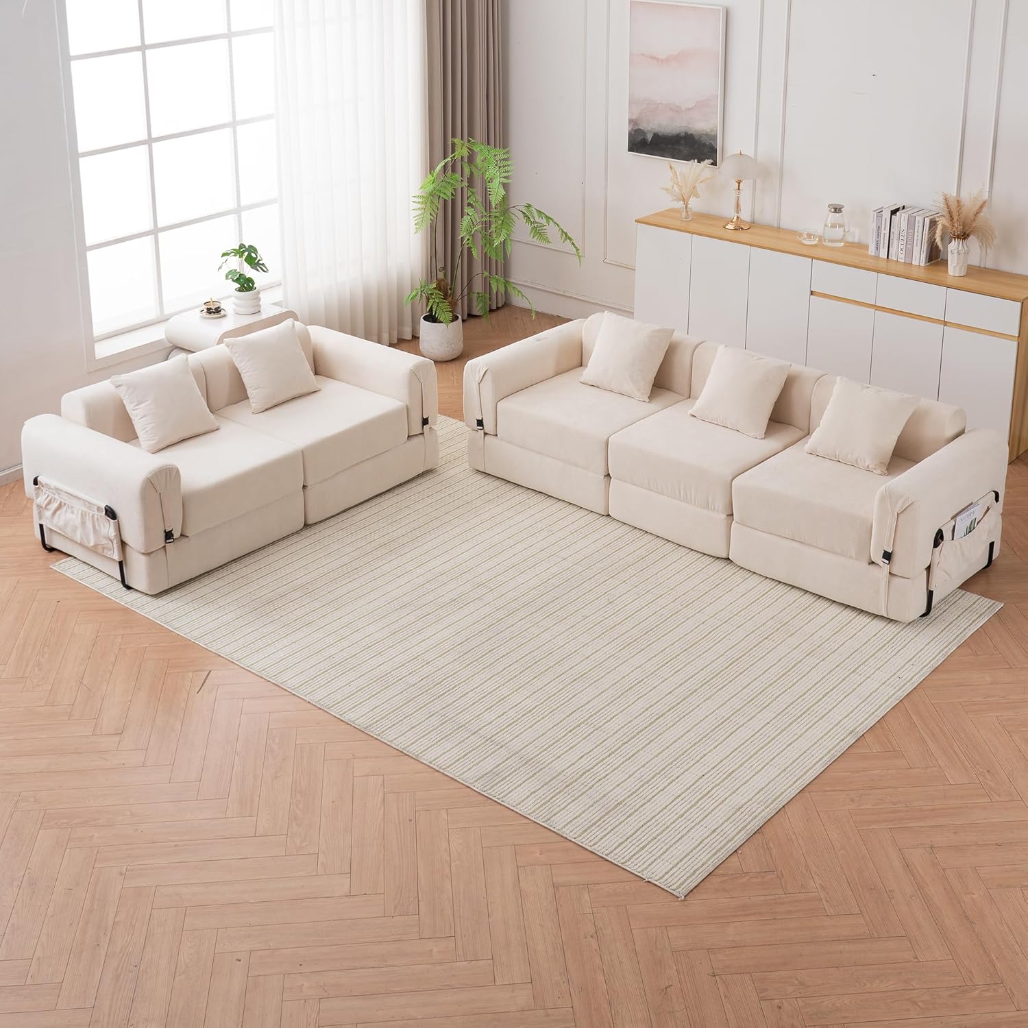 GNIXUU 71.3" Convertible Sleeper Sofa Bed, Modern Convertible Boneless Couch with Foldable/Pull Out Bed, Compressed Modular Futon Couch with Pillows & Storage Pocket for Living Room Bedroom, Beige