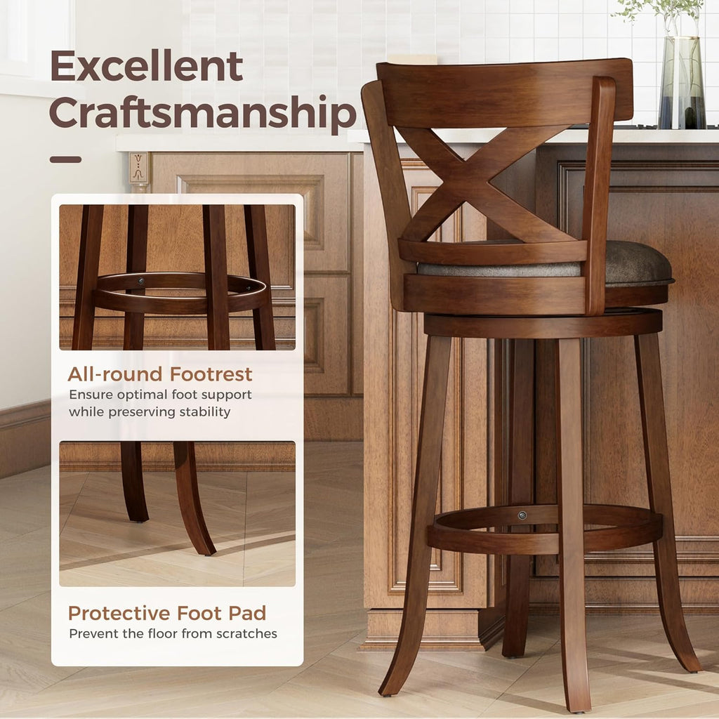 MAISON ARTS Swivel Bar Stools Set of 4, 30 Inch Bar Height Barstools with Backs, PU Leather Upholstered Seat Wood Bar Chairs with Wrap-Around Footrest for Kitchen Island, Pub, Walnut