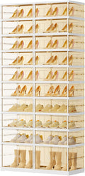 10 Tiers 20-40 Pairs Foldable Shoe Rack for Closet Plastic Stackable Shoe Boxes for Garage Collapsible Shoes Shelf with Doors Storage Organizer Cabinet Quick Assembly,Brown