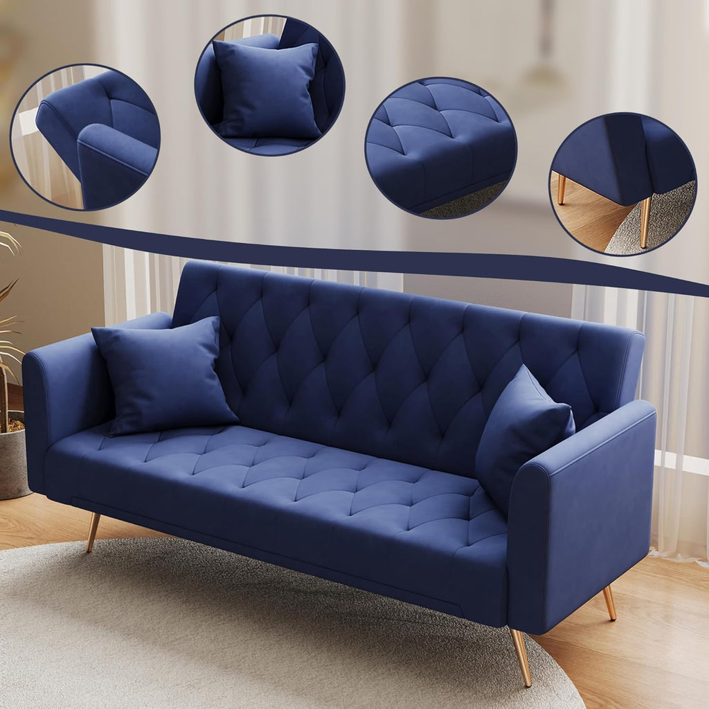 Anwick 72" Modern Velvet Sofa Bed Futon,Convertible Folding Sleeper Bed Couches with 3 Adjustable Backrests,Tufted Recliner Loveseat with Golden Chrome Legs for Small Living Room Office (Blue)