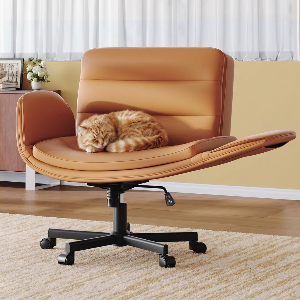 Criss Cross Chair with Flip-Up Arms & Swivel Wheels, Vanity Chair with Adjustable Height & Side Pockets, Comfortable Wide Seat Reclining Computer Office Desk Chairs for Home Office, Make Up, Bed Room