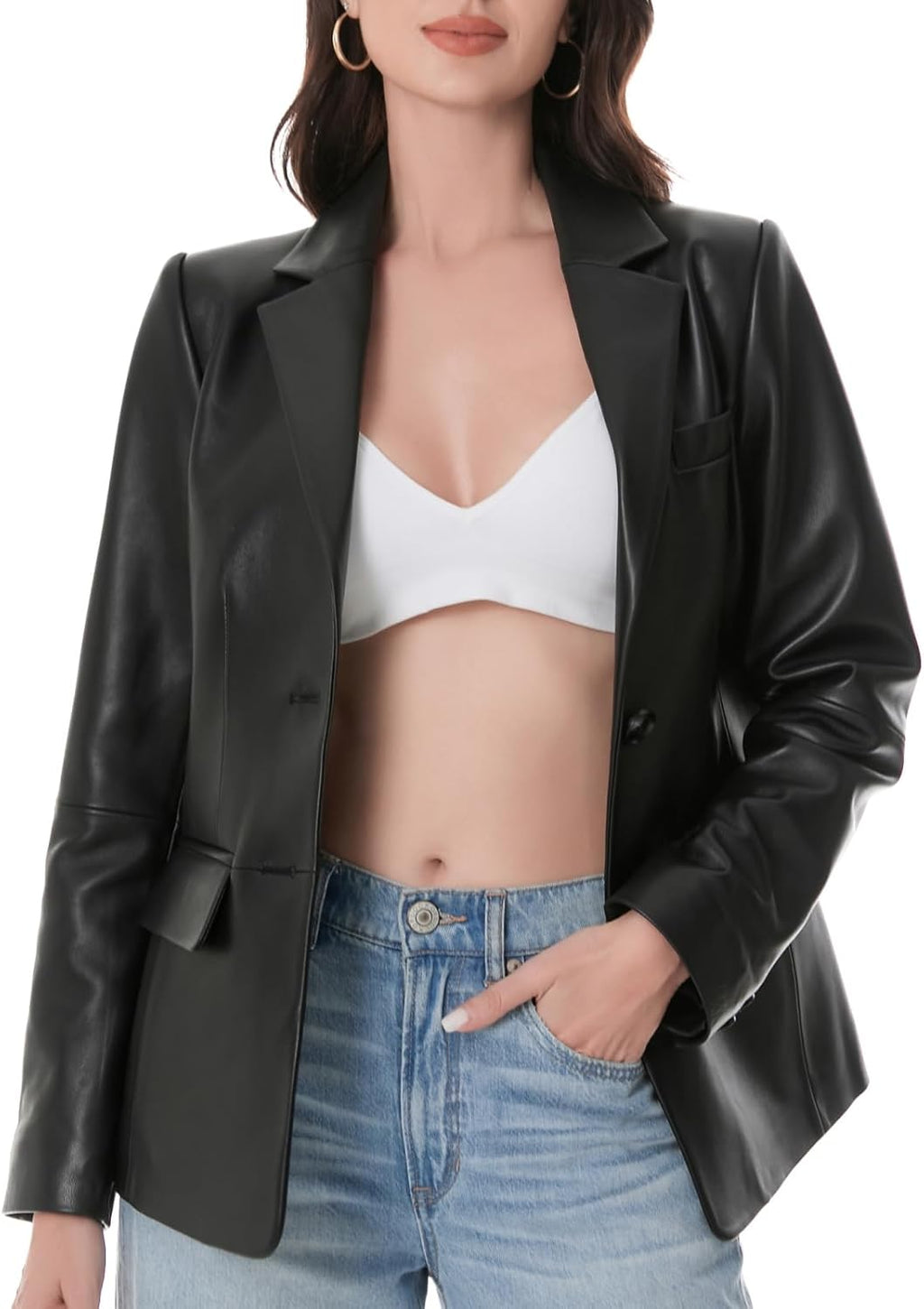 SILVER FASHIONS Lambskin Leather Jacket Women,Long Sleeve Button Front Leather Blazer,Notched Lapel Casual Style,Vent Detail