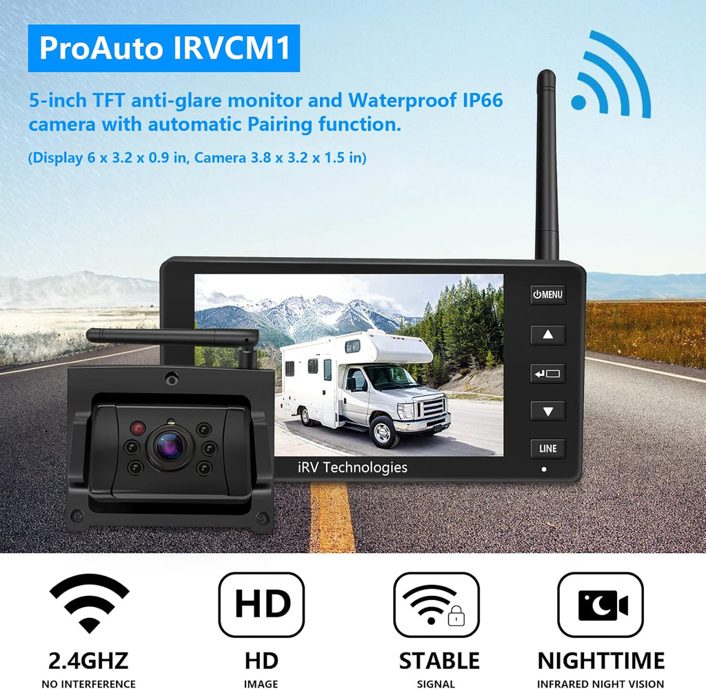 Backup Camera ProAuto iRVCM1 Wireless Rear Camera 5" Monitor and IP66 Waterproof Camera Auto Pairing Infrared Night Version 120°Angle Rear View Reverse Camera with Astern Indicator Line for Car  RV
