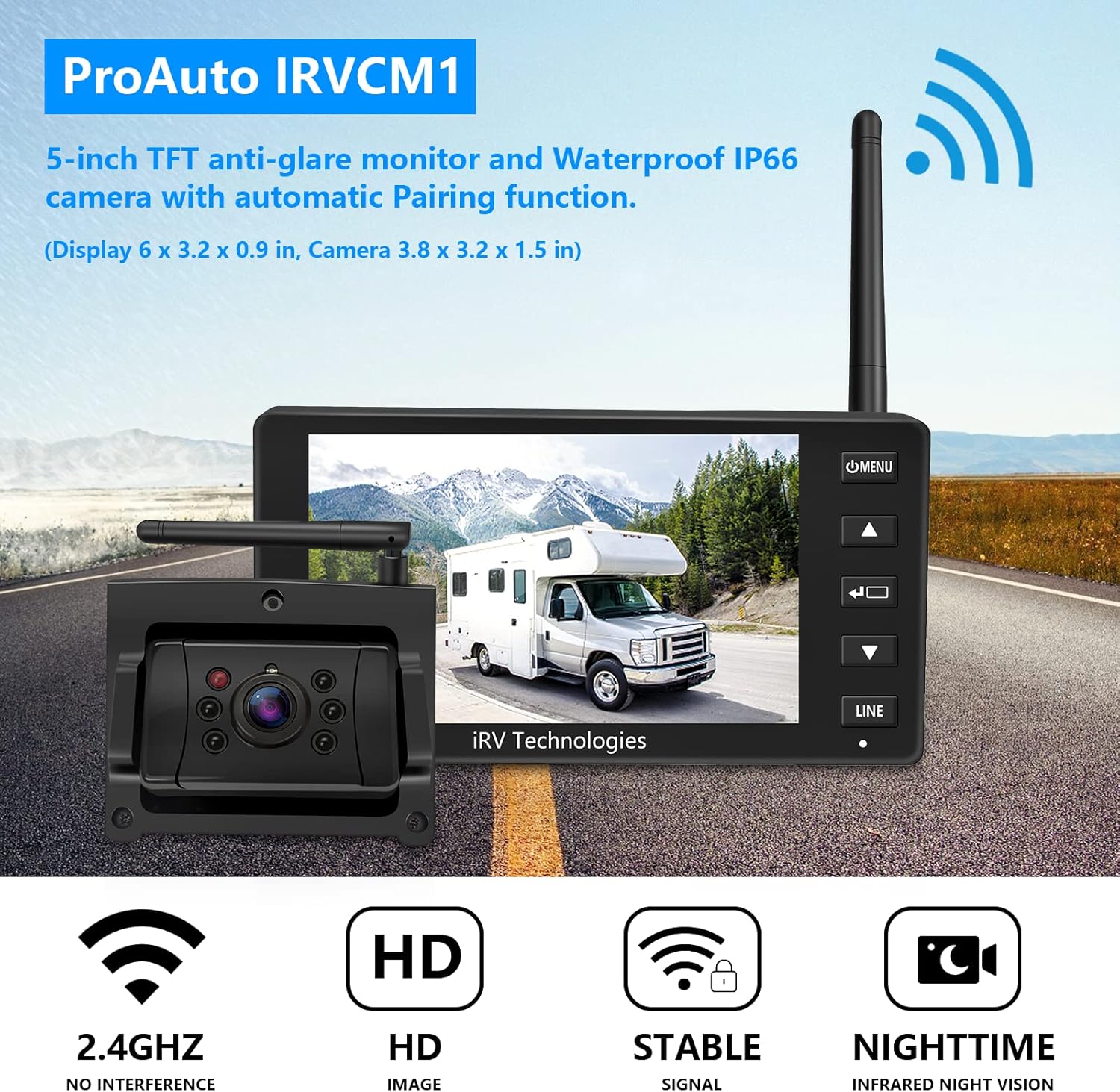Backup Camera ProAuto iRVCM1 Wireless Rear Camera 5" Monitor and IP66 Waterproof Camera Auto Pairing Infrared Night Version 120°Angle Rear View Reverse Camera with Astern Indicator Line for Car  RV